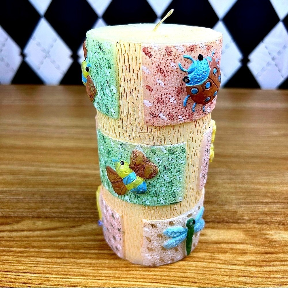 Pastel Pillar Candle Whimsical Garden Insect Hand Painted Decor - Picture 5 of 7